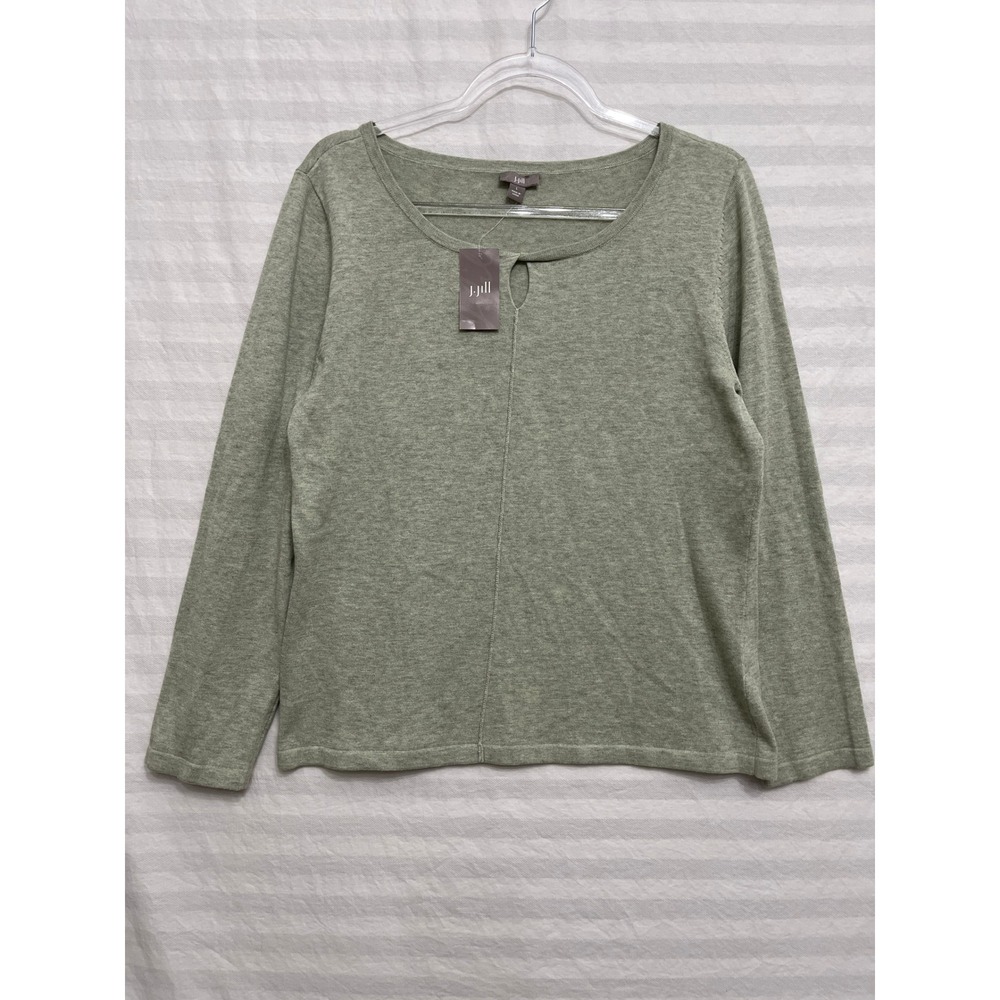 New J.Jill Lightweight Sweater Large Green Sage Keyhole Long Sleeve Cotton Blend